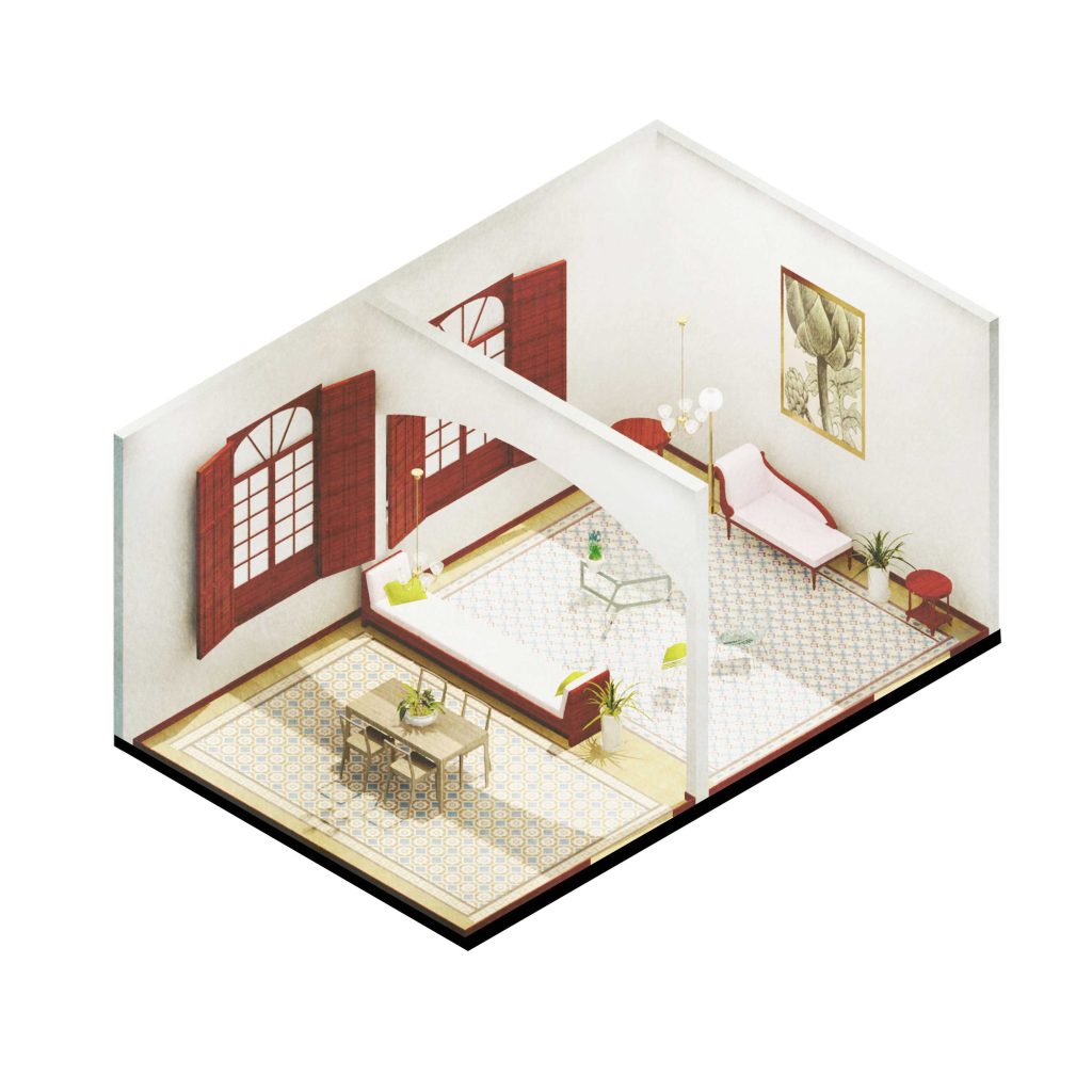 MOLCAJETE Arquitectura _ interiores _ casa delia isométrico salón de estancias