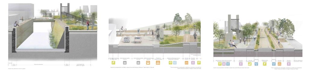 MOLCAJETE Arquitectura _ espacio público _ plan maestro Puente Negro Puebla: secciones tipo de la propuesta de modernización de la Calle Ferrocarril a calle completa